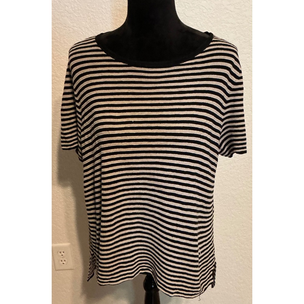 Eileen Fisher Organic Linen Tencel Striped Short Sleeve Top Black Cream Medium